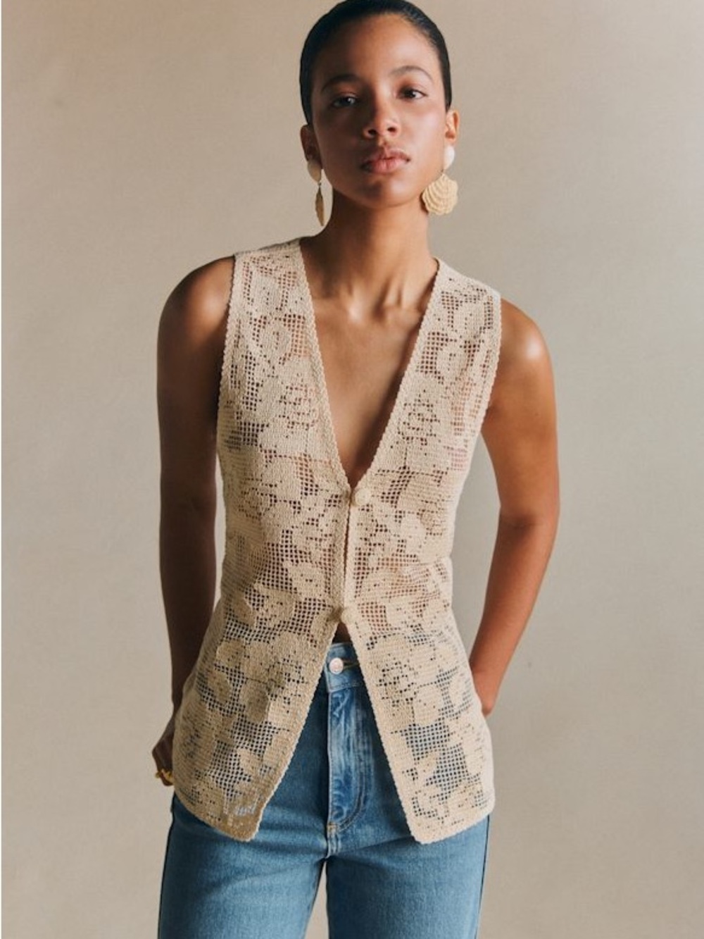 Sezane Beige Crochet V-Neck Sleeveless Tank